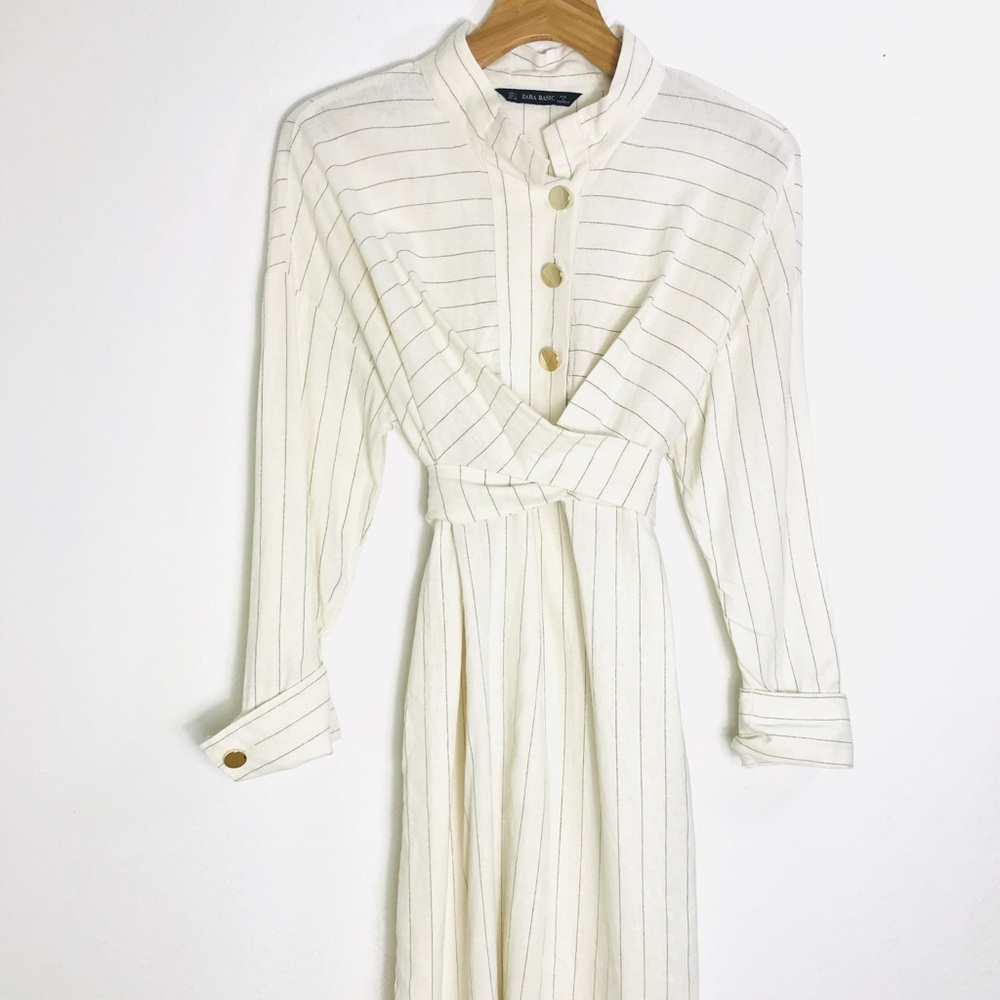Zara Linen Shirt Dress - Midi Length - Cream with Stripes - Picture 2 of 7